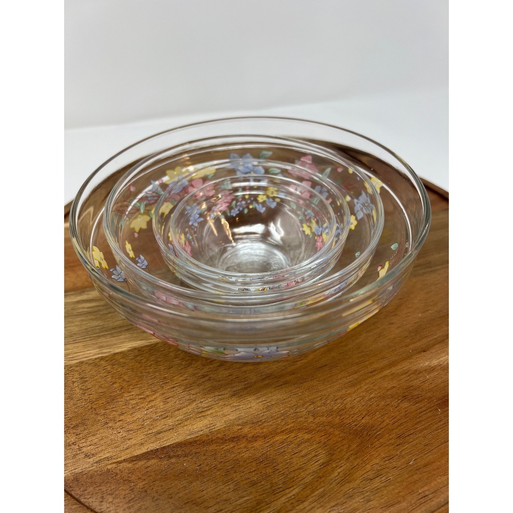 Vintage Glass Mixing Bowl Set Floral Flower Design Set of 4 - Picture 10 of 16